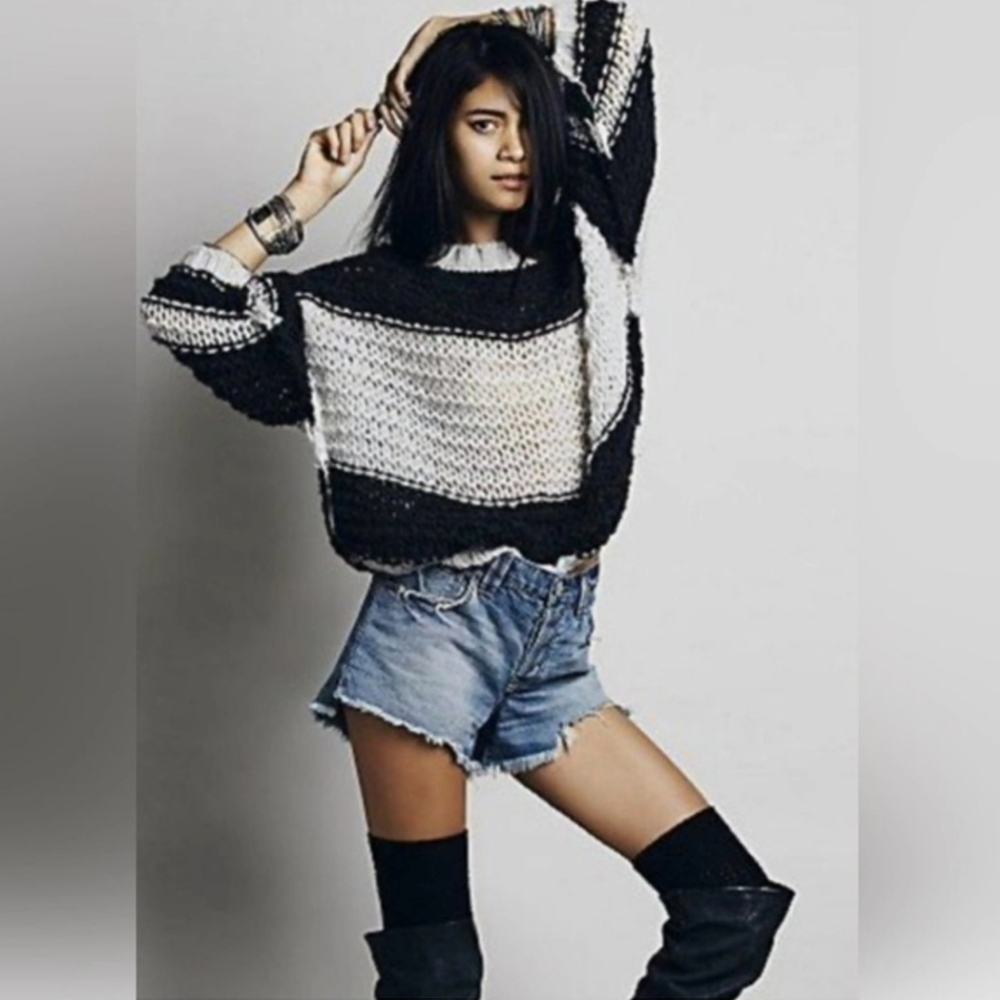 Free People Monaco Pullover Sweater Oversize Open Knit Stripe Dark Light Grey S